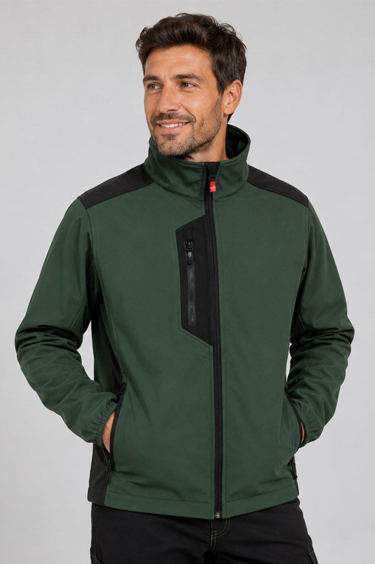 chaqueta Softshell Galway verde, resistente al viento y al agua, ideal para ropa laboral y personalización con bordado.