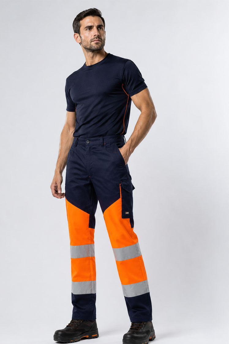 Pantalón de trabajo veraniego de alta visibilidad bicolor con bandas reflectantes y múltiples bolsillos
