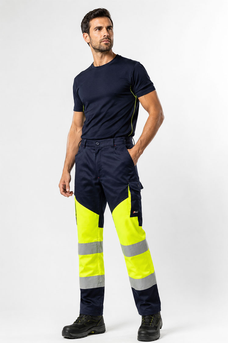 Pantalón de trabajo alta visibilidad bicolor con bandas reflectantes y múltiples bolsillos