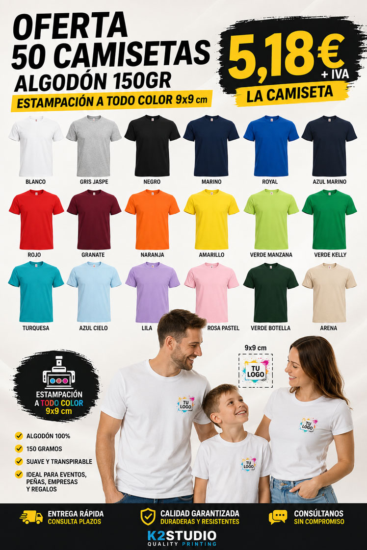 Oferta de 50 camisetas personalizadas de algodón 150 g con estampación a todo color 9x9 cm para empresas, peñas y clubes deportivos.