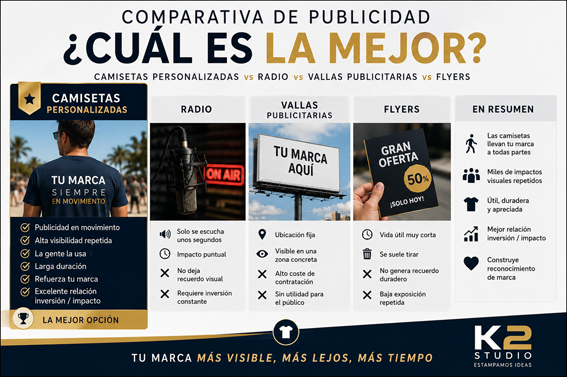 Comparativa de publicidad: camisetas personalizadas, radio, vallas y flyers